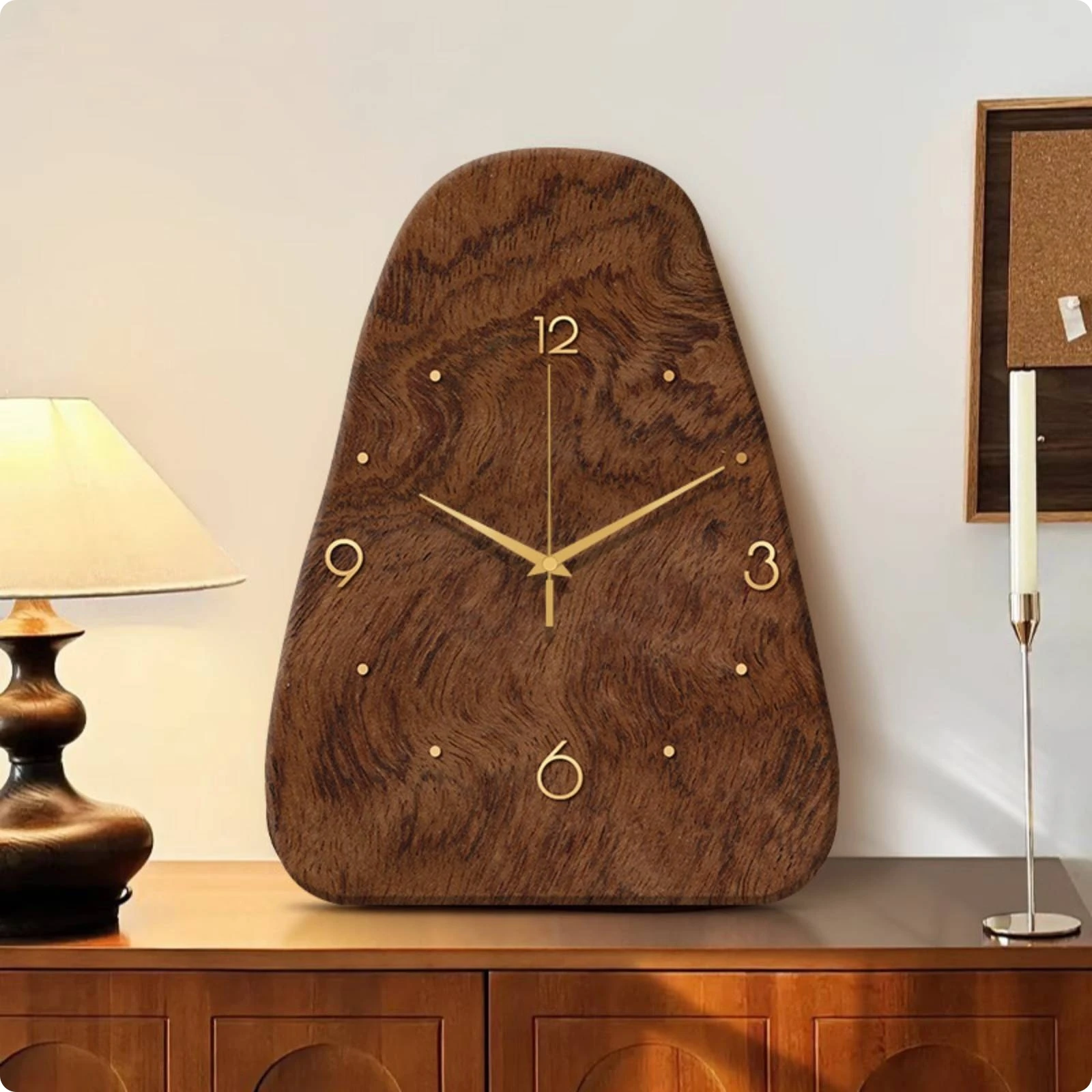 Creative Irregular Wooden Desk Clock Gold Tone Rounded Quartz Table Clock Silent Battery Operated for Home Office Bedroom Decor