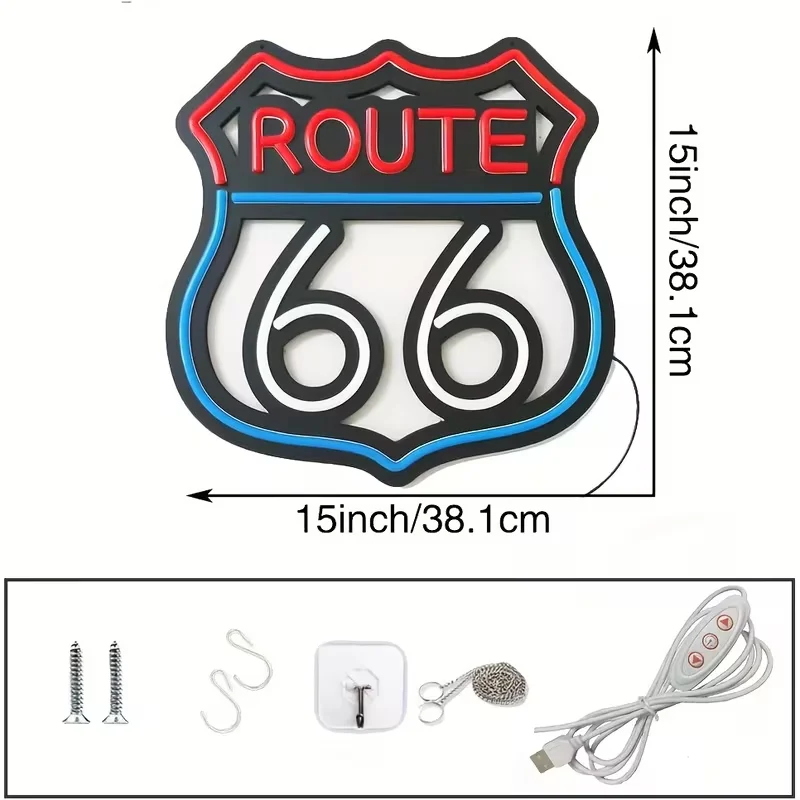 Route 66 Neon Sign - USB-Powered LED Vintage Wall Art with Dimmer Switch, Handmade Retro Diner Decor for Man Cave