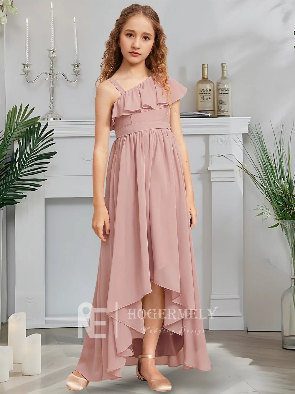 Дизайнерское платье трапециевидной формы для юных подружек невесты, платье с цветочным узором в виде розы, асимметричное шифоновое платье для девочек в саду, гала-танец, свадьба