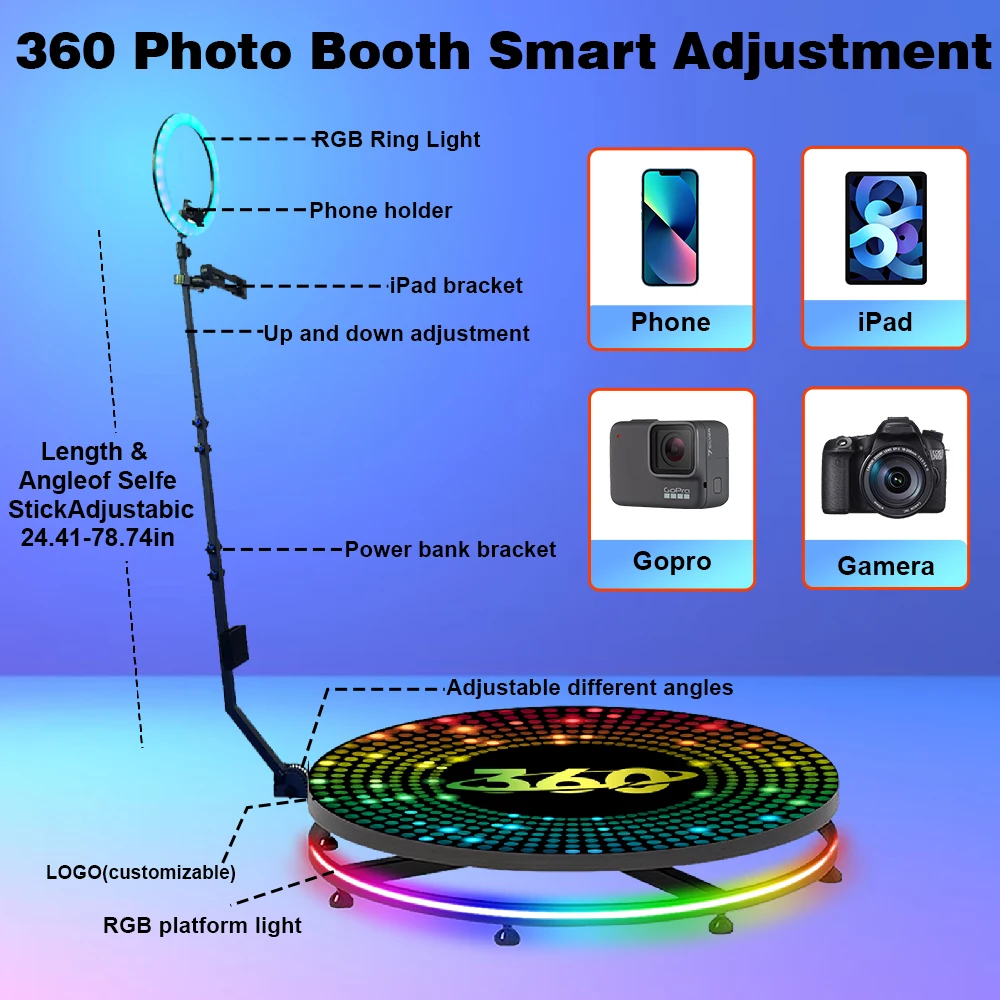 Hot Sale Portable 360 Photo Booth with RGB Ring Light Automatic Rotating Selfie 360 Camera Photobooth for Wedding Party Events