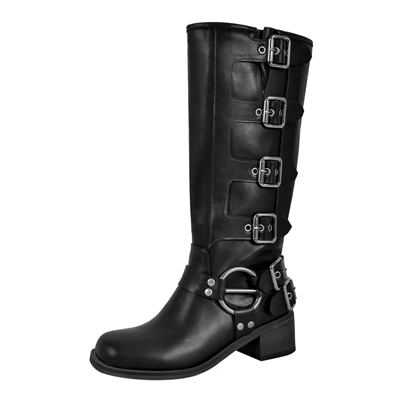 Onlymaker Women Gothic Black Knee High Boots Heeled Brown Metal Rivet Buckle Fashion Motorcycle Boots