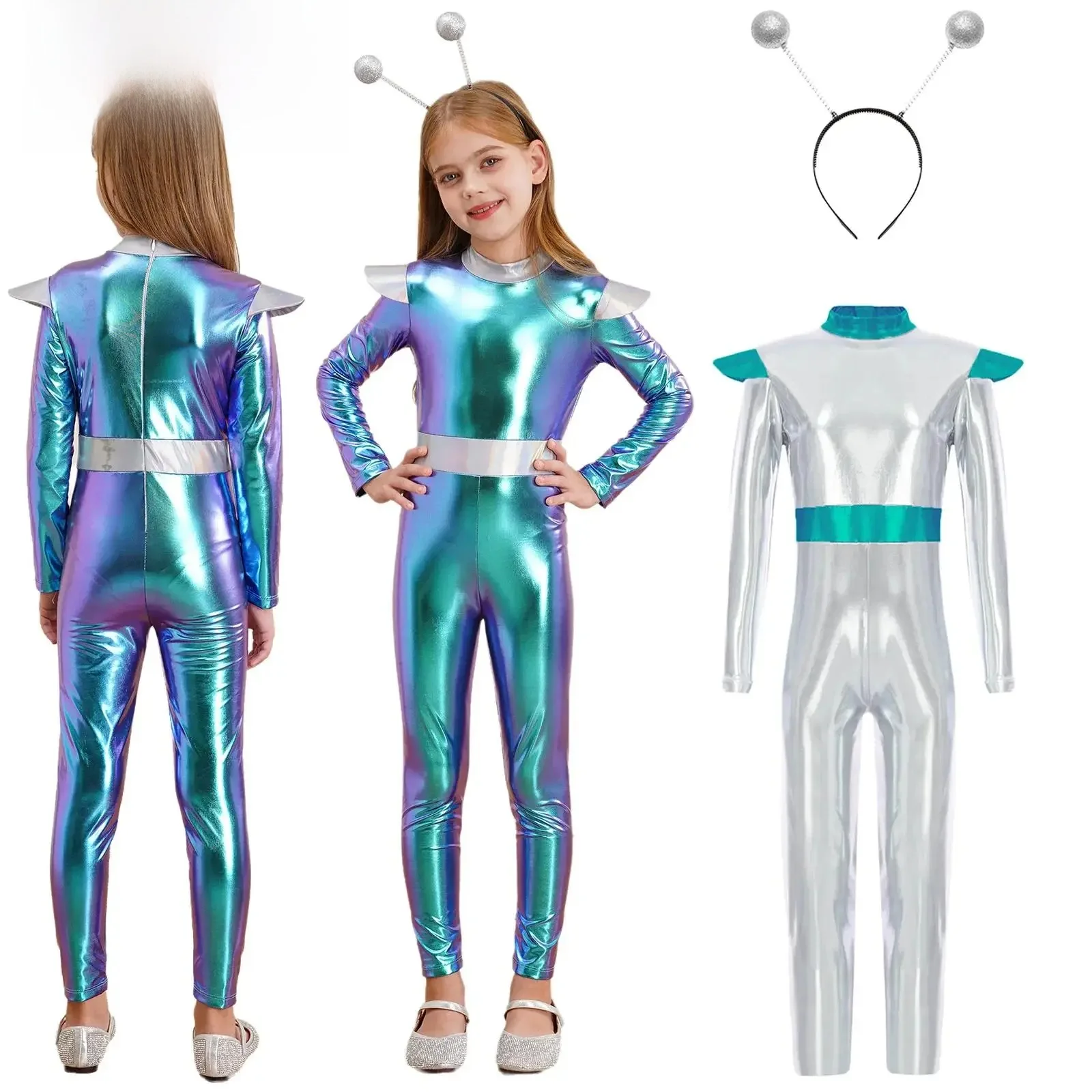 Dziewczęta Chłopcy Alien Cosplay Kostium Robot Spacemen Astronauta Kombinezon z długim rękawem i obręczą do włosów na Halloween Karnawał Impreza — zdjęcie 2