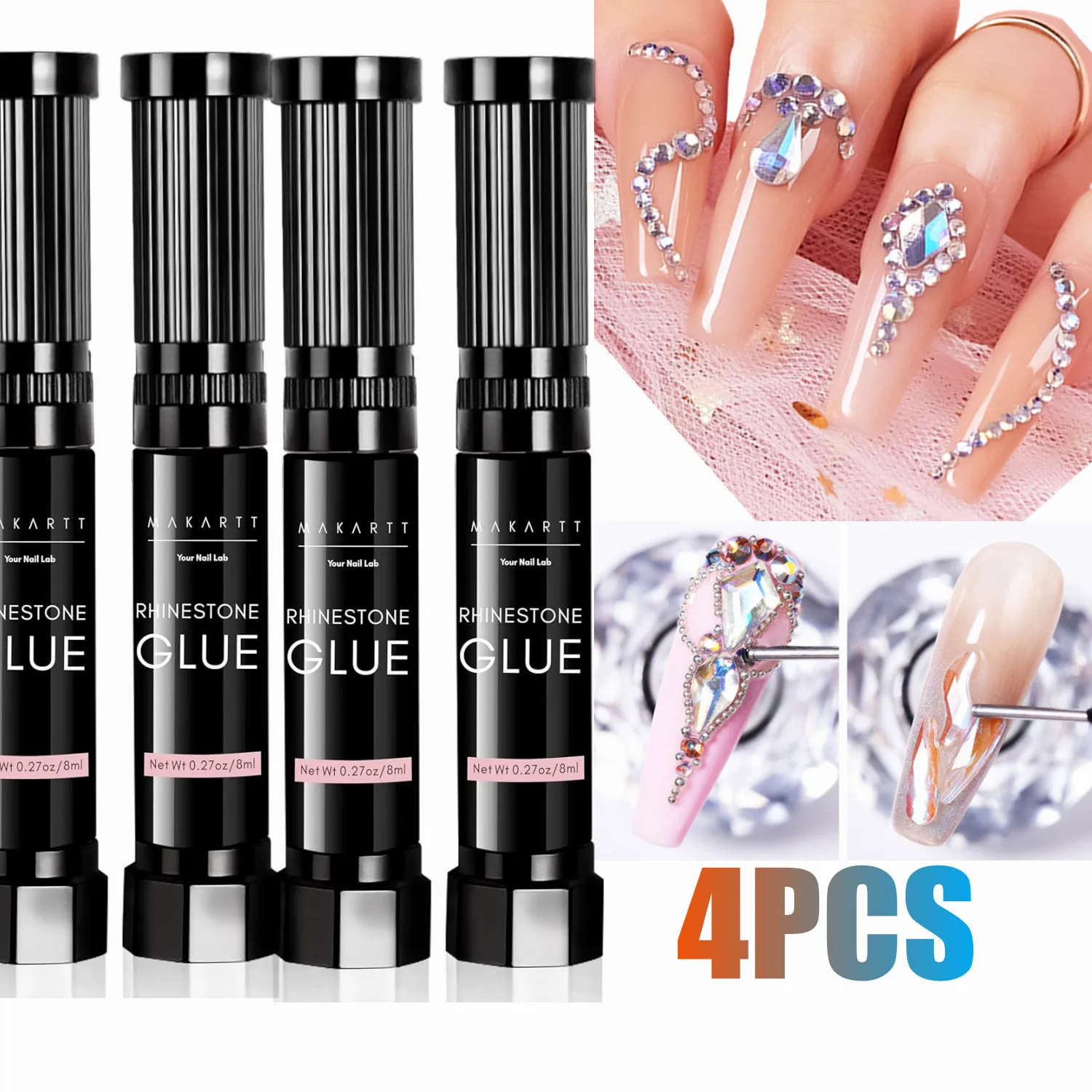 4Pcs Makartt Nail Rhinestone Glue for Nails 8ml Strong Adhesive Gem Glue Brush On Nail Art Diamonds Crystals Charms Beads Decor