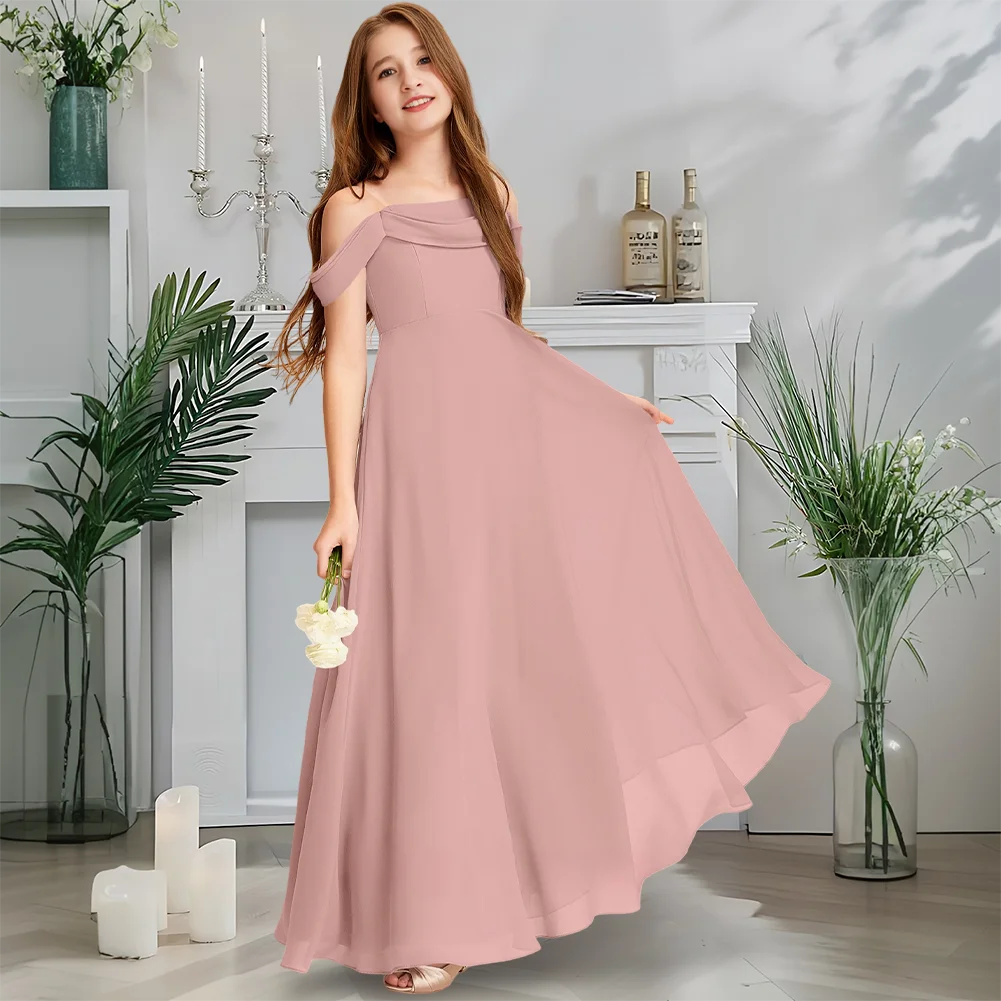 

Luxurious Off Shoulder Junior Bridesmaid Dress Twilight Blue Flower Girl Gown Floor-Length Chiffon Cascading Ruffles Wedding