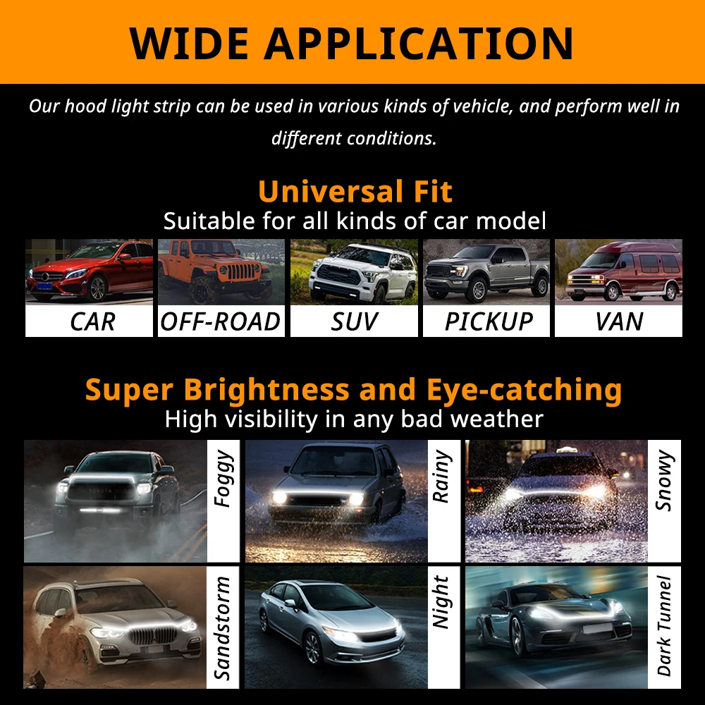 71 inch LED Engine Cover Light Strip Dynamic Scan Start-up Effect Car Hood Upgrade Daytime Running Lights SUV Truck Pickup DRL image 4