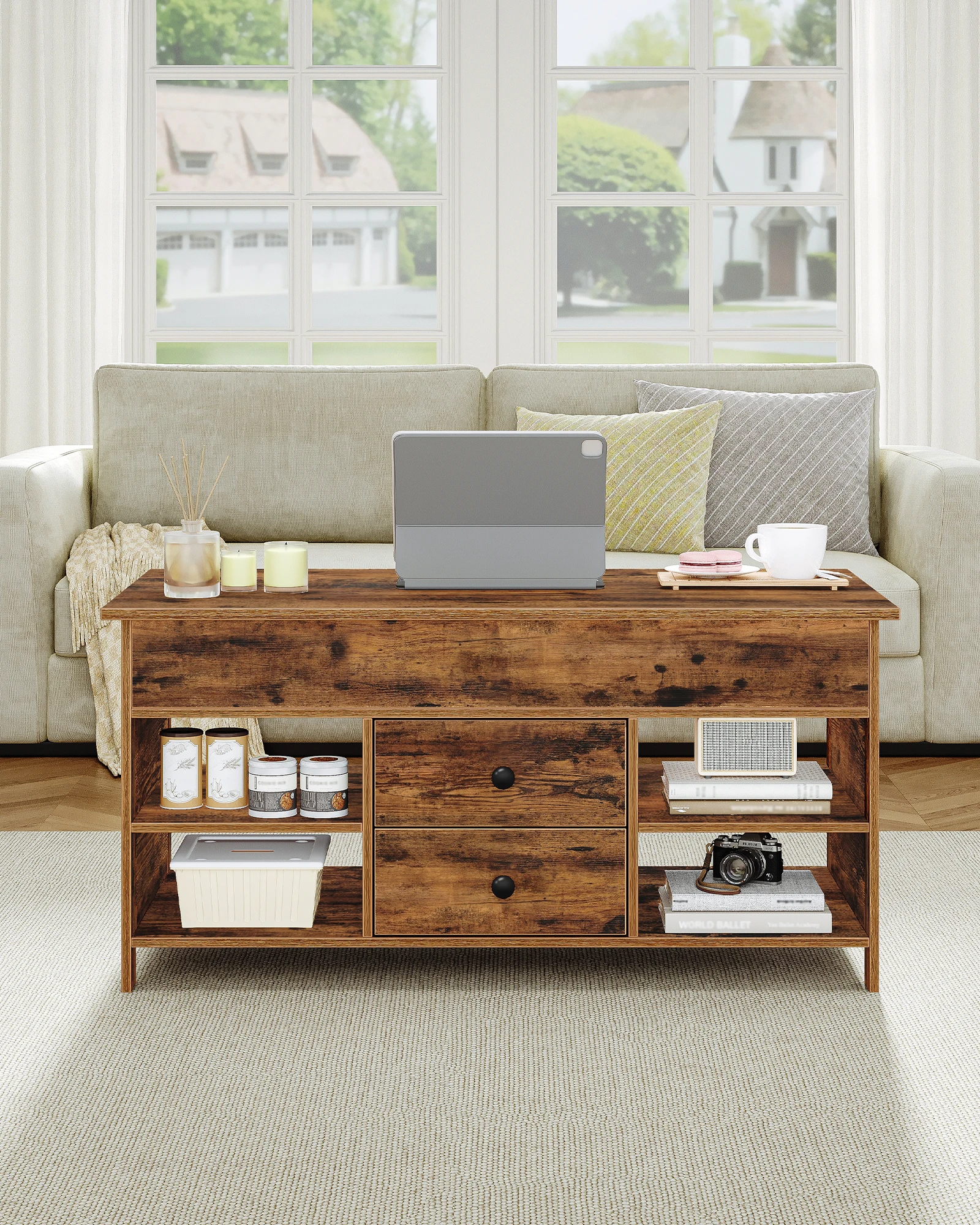 Hzuaneri Table basse, table de salon réglable en hauteur, table de canapé, 2 tiroirs et espace de rangement caché, pour le salon