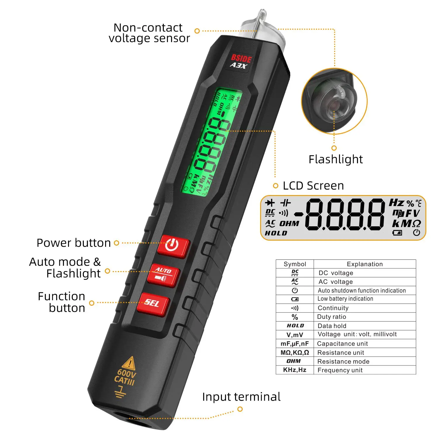 BSIDE A3X Voltage Tester Detector, Capacitance Diode Non-Contact AC Sensor Pen Live Wire Check Breakpoint Locate V-Alert Tester