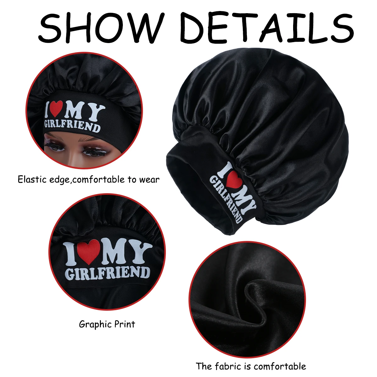 Printed I Love My Girlfriend\' & \'I Love My Boyfriend Satin Sleep Cap with Elastic Wide Band Couples Bonnet