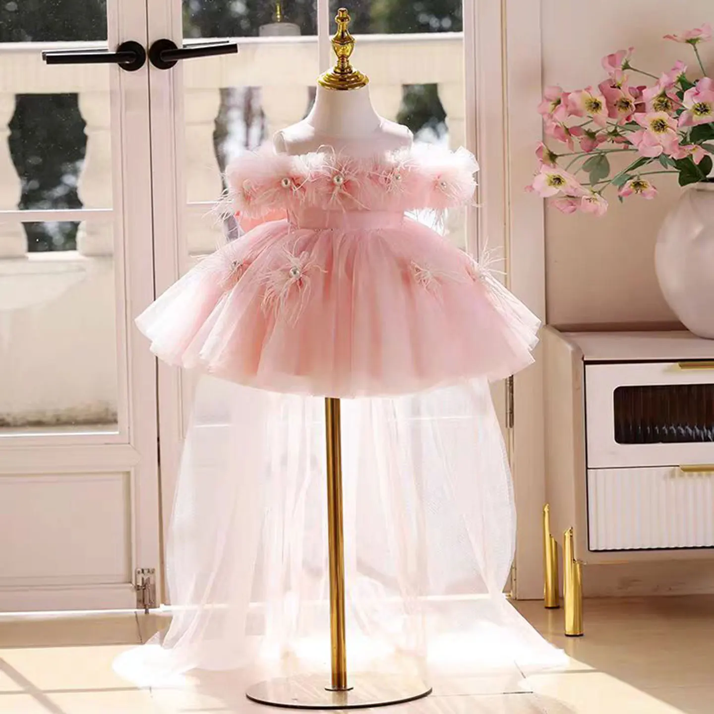 

Dreamy Vow J414A Graceful White Baby Girl Dress 3D Flower Off-shoulder Satin Embellished Bow Detailed Spring Party Ball Gown