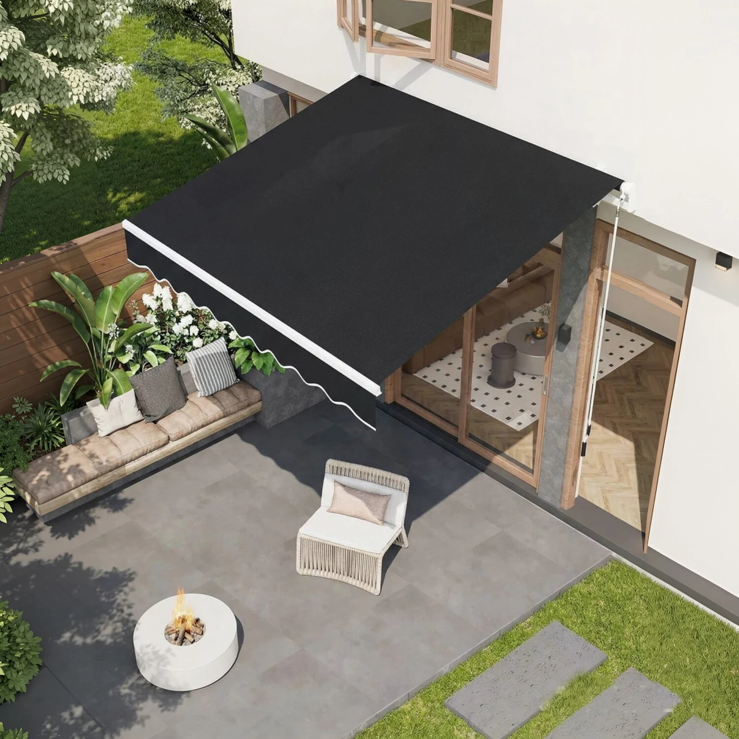 Auvent articulé 350 x 250 cm, résistant à l'eau, avec manivelle et support mural, longueur + angle réglables, pour terrasse et balcon, protection solaire