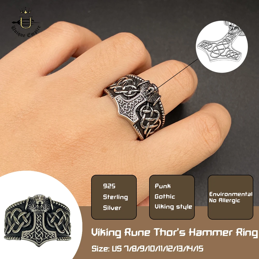 Retro Viking Thor's Hammer Men's Ring Myth Rune Mjolnir Stainless Steel Band Personalized Decor Jewelry