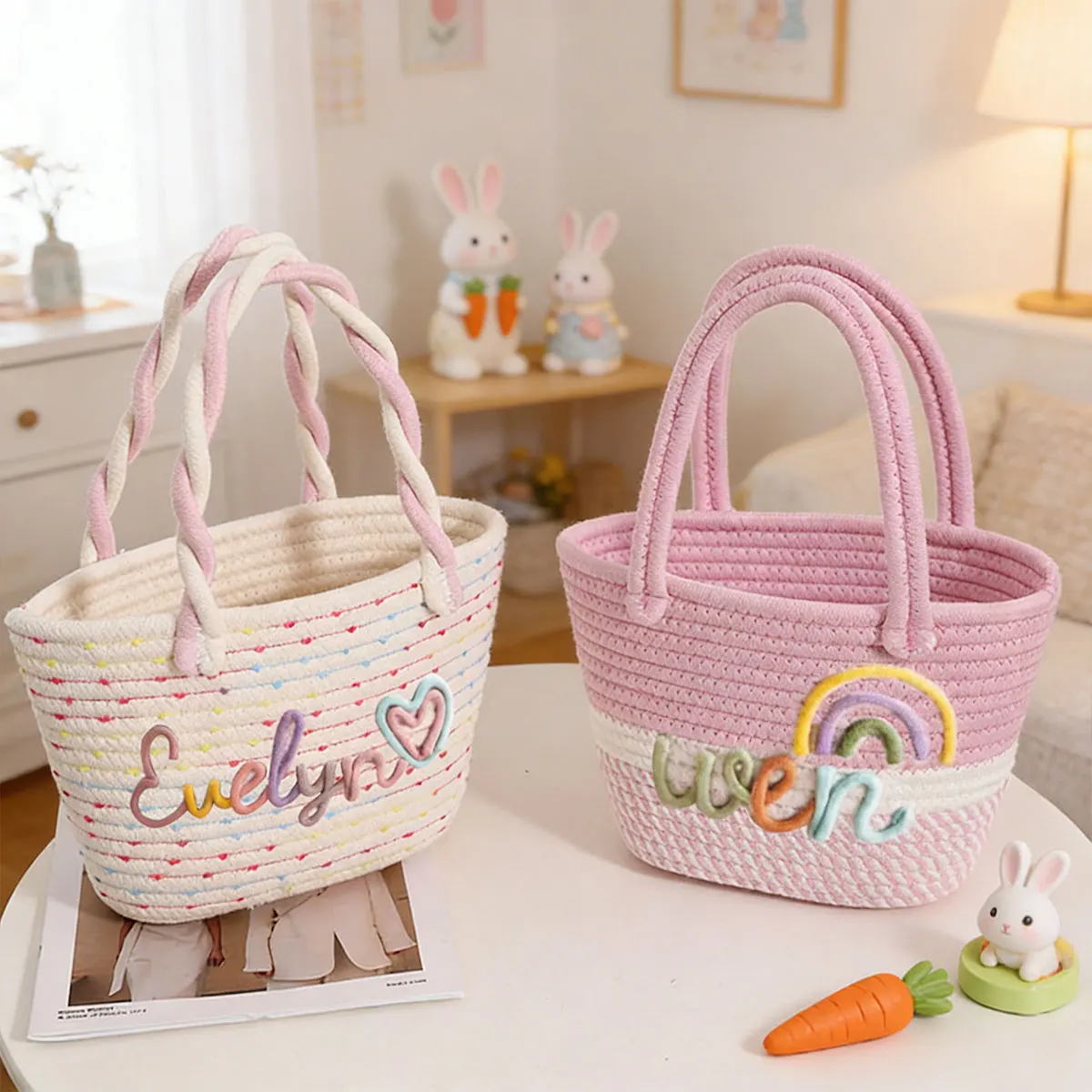 1pc Personalized Braided Cotton Yarn Tote Bag, Customizable with Your Name, a Cute and Refreshing Picnic/Vacation Storage Basket