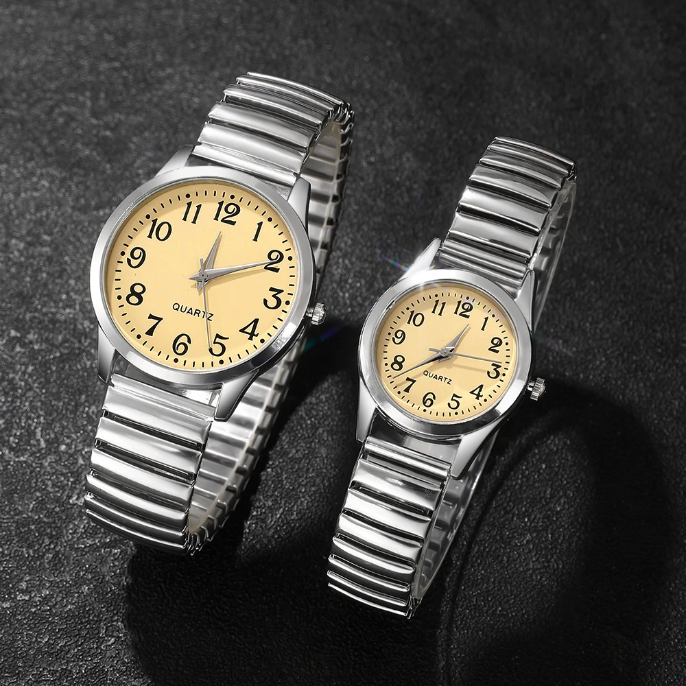 2PCS Couple's Watches Fashion Stainless Steel Band Men Women Analog Quartz Watches Set