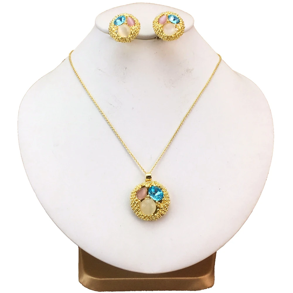 Yuminglai Dubai 24K Gold Plated Jewelry Set Colorful Stone Pendant and Earrings Necklace Set for Woman FHK16890