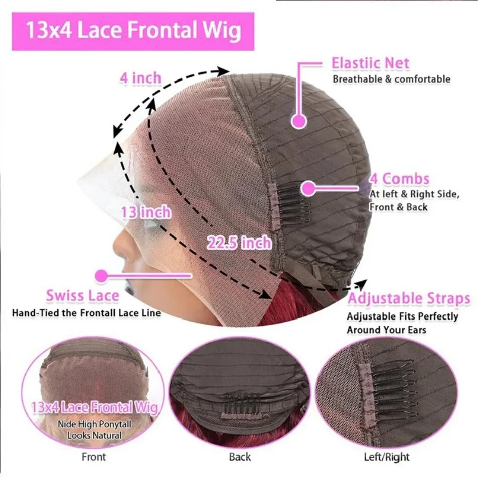 Wig Burgundy Rambut Asli 200% Density 13x4 99j Body Wave Lace Front Wig Rambut Asli Pre Plucked Wig Pendek untuk Wanita Tanpa Lem