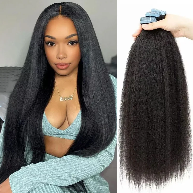 Extensões retas perversos do cabelo encaracolado, cabelo humano brasileiro, trama, esparadrapo, colagem sobre