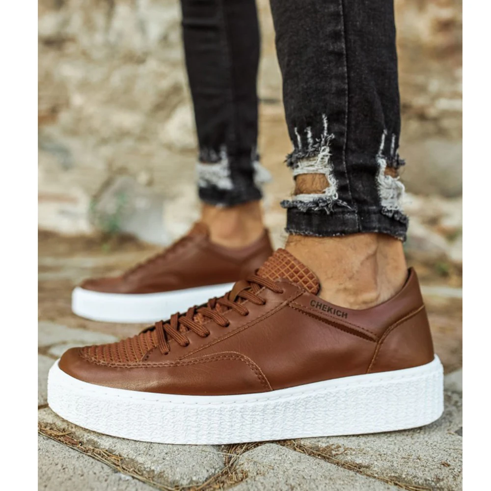 FOH Store Sneakers for Men TAN Artificial Leather 2023 Spring Autumn Casual Lace Up Fashion Shoes High Base Sport Comfortable Light Vulcanized Daily