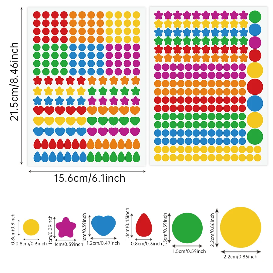 2005 PCS Dot Stickers Colored Coding Labels — Multi-Shape Round, Star, Heart, Raindrop Stickers — Colorful DIY Labels