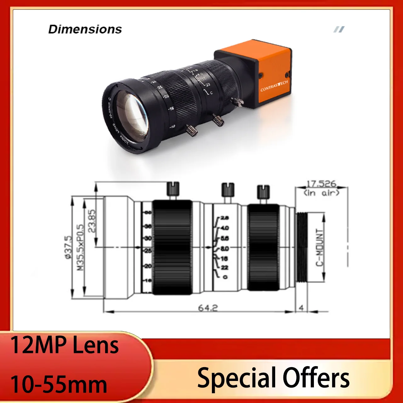Lente de zoom industrial con montura C, iris manual, HD, 1/1,7 ", 12MP, 10-55 mm, muy barata, sin distorsión