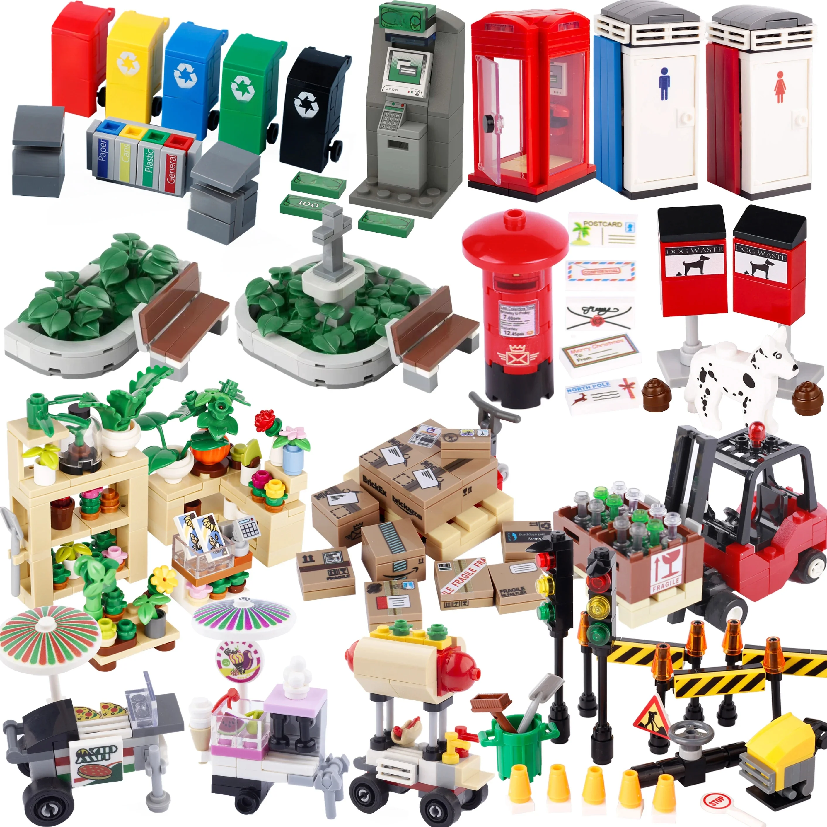 MOC – blocs de construction de stand de nourriture, boîte d'appel, toilettes, vue sur la rue, Pizza, Hot Dog, chariot de crème glacée, bricolage, parterre de fleurs, briques d'église, jouet