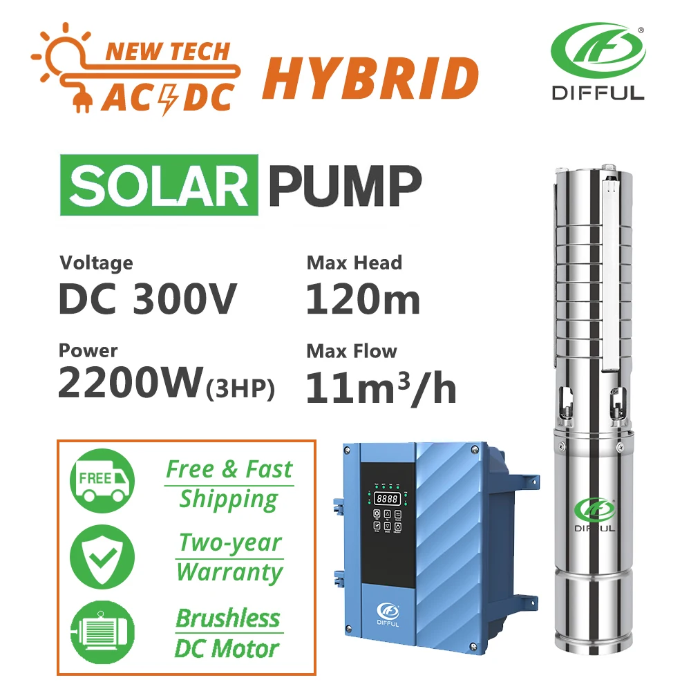 

4" AC/DC Solar Hybrid Water Pump Deep Well Submersible 300V 2200W 3HP Stainless Steel with MPPT Controller 11m3/h