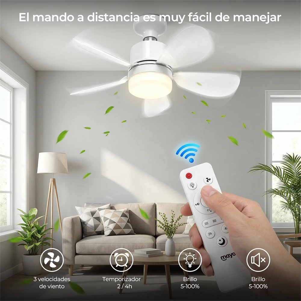 WOOX Ventilador de techo económico y elegante con luz y control remoto de 20 W, bombilla LED universal E27, ventilador de techo silencioso de 20 pulgadas para el hogar, dormitorio, almacén y trabajo