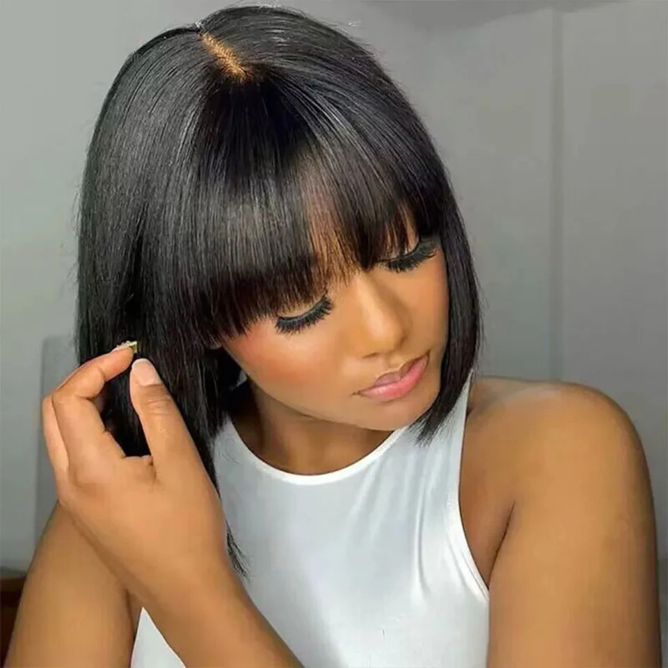 

Put On And Go Glueless Realastic Scalp Brown Bob Lace Wigs With Bangs Fringe Middle Part Brazilian Straight Human Hair Bob Wigs