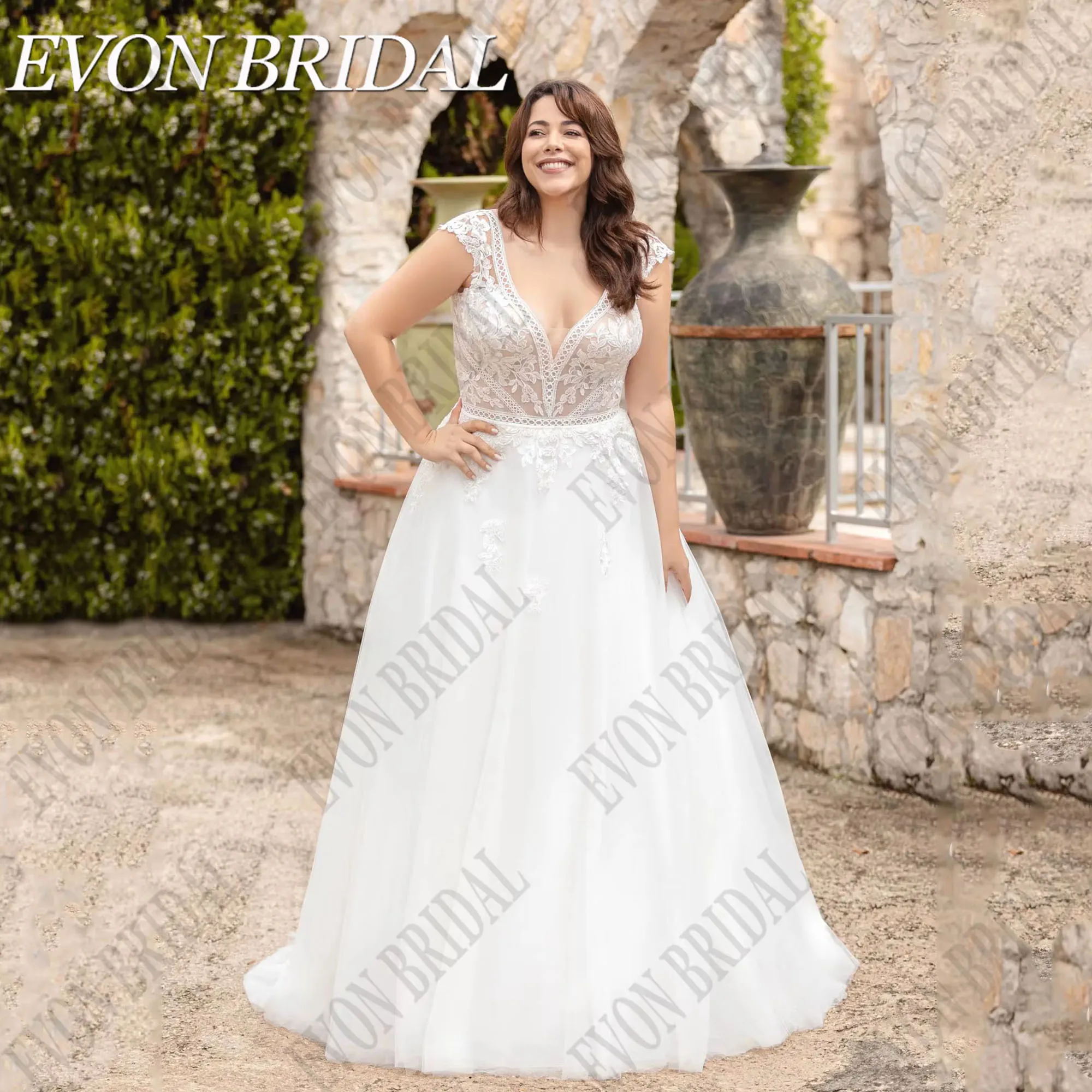 EVON BRIDAL Civil Plus Size Wedding Dresses For Bride 2025 A-Line Cap Sleeves Robe De Mariée Bride Gowns Applique Lace Customize