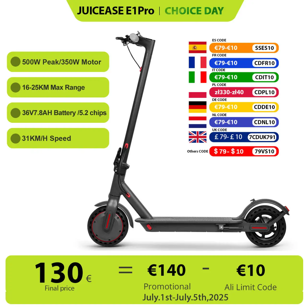 JUICEASE E1 Pro Electric Scooter 350W Motor 500W Peak Power Folding Electric Kick Scooter 36V7.8AH 5.2 Chips 25KM Range EScooter