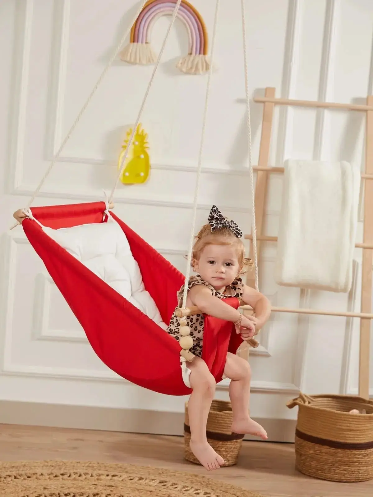 Wooden Baby Hammock Swing Ceiling Suspended Play Activity Kids Swing with Bed and Safety Belt for Babies