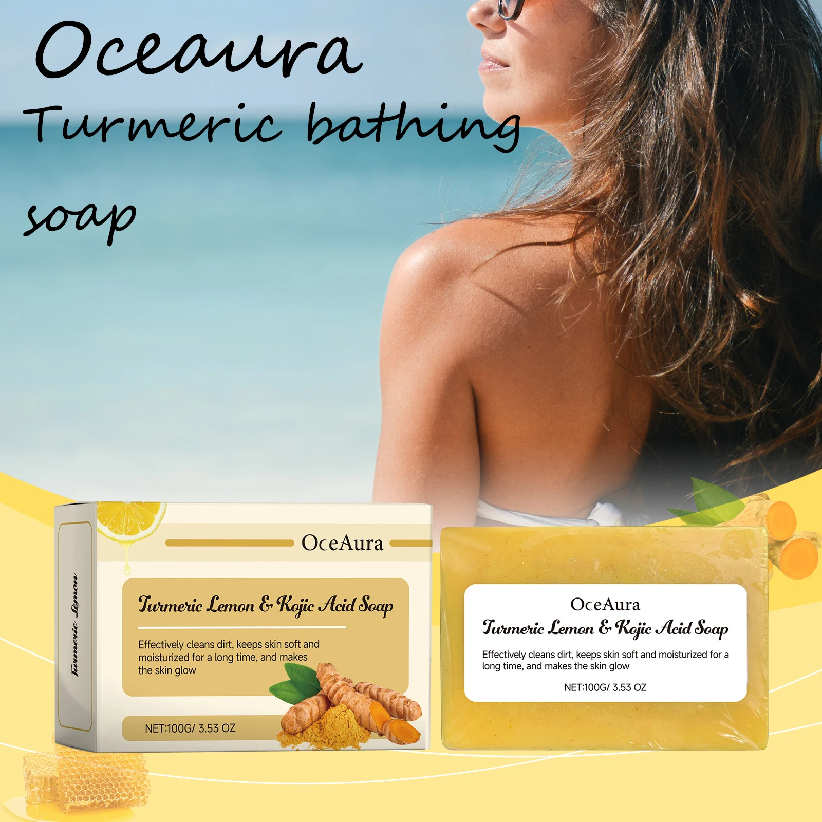 

Oceaura Turmeric Lemon Bath Soap Remove Body Dirts Brighten Skin Tone Improve Skin Softness Glowing Body Bathing Soap Bar