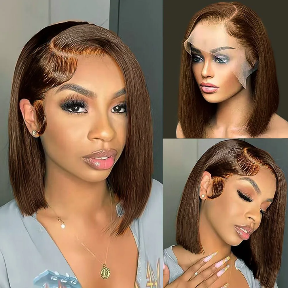 Straight Bob Wigs 100% Human Hair #4 Brown Bob Wigs 13x4 HD Lace Frontal Wigs Human Hair Wigs 8-16Inch For Women 200% Density image 4