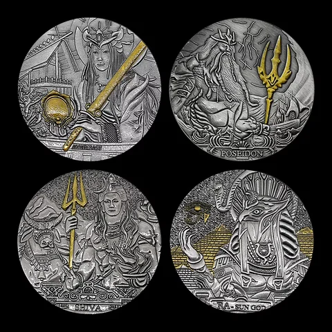 Set of 4 Coins Poseidon Shiva Ra the Sun God and Amaterasu Commemorative Coin Queen Elizabeth Bird Vintage Dollar Silver Coin