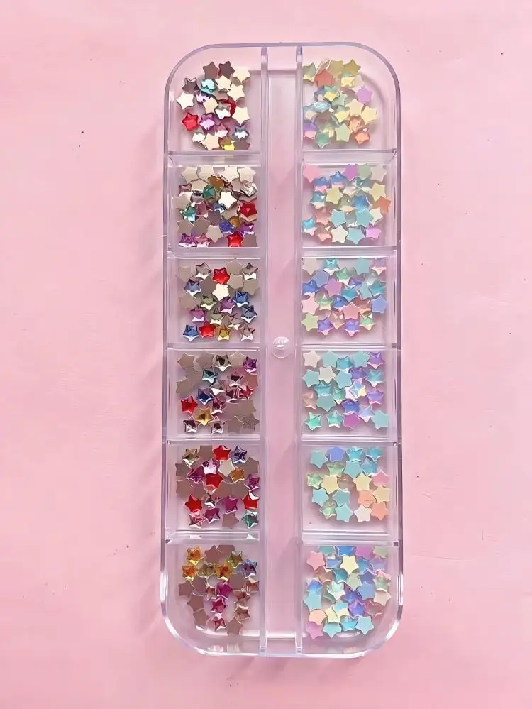 12 Stück Sommer-Karo-Nagelaufkleber Y2K Mocha Seestern- & Sternmuster mit Strasssteinen, DIY Nagelkunst für Alltag & Date – Detail 4