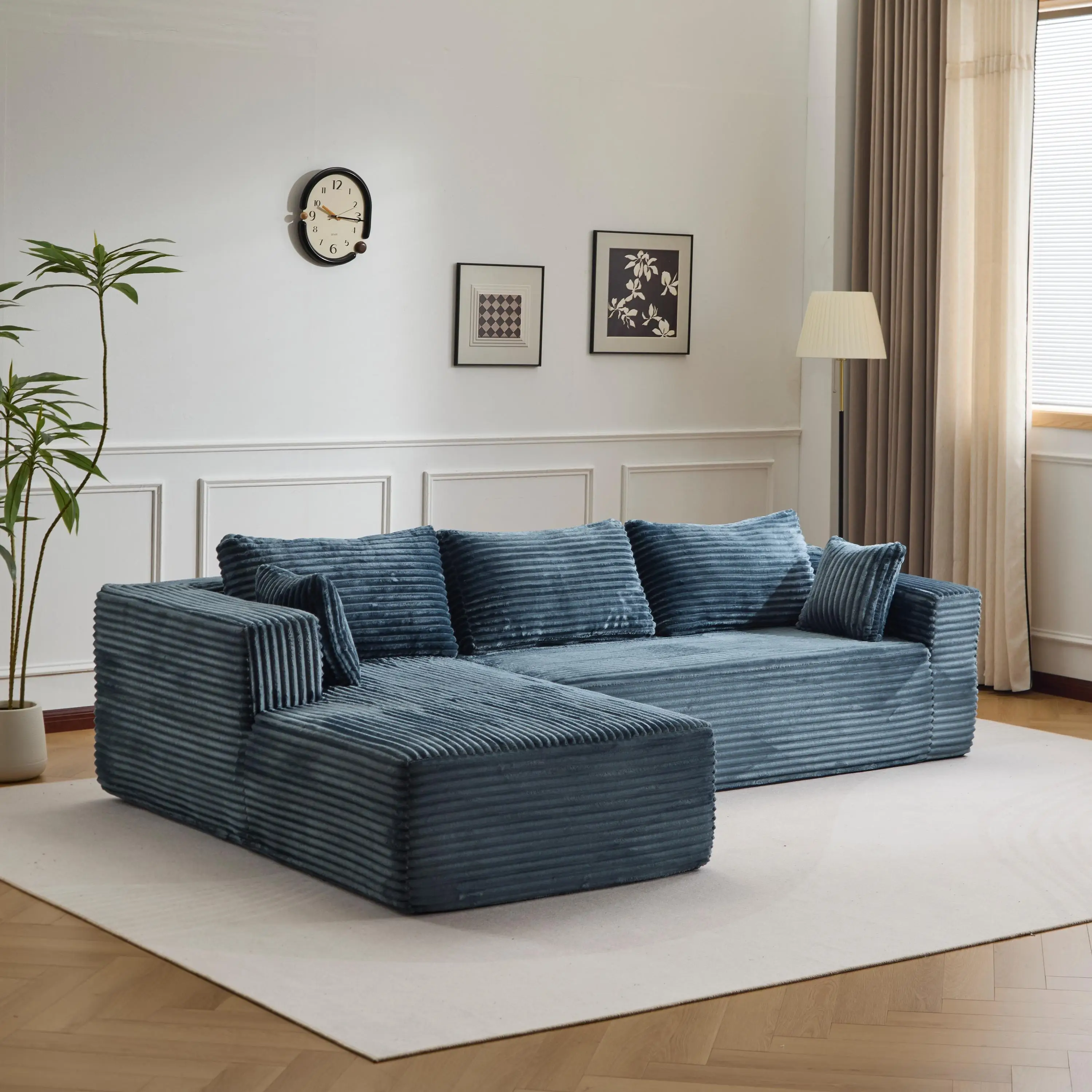 Blaues modernes komprimiertes Sofa, 3-Sitzer L-förmiges Sofa mit Kissen, keine Montage erforderlich, tiefes Cord-Sofa für Wohnzimmer, Schlafzimmer