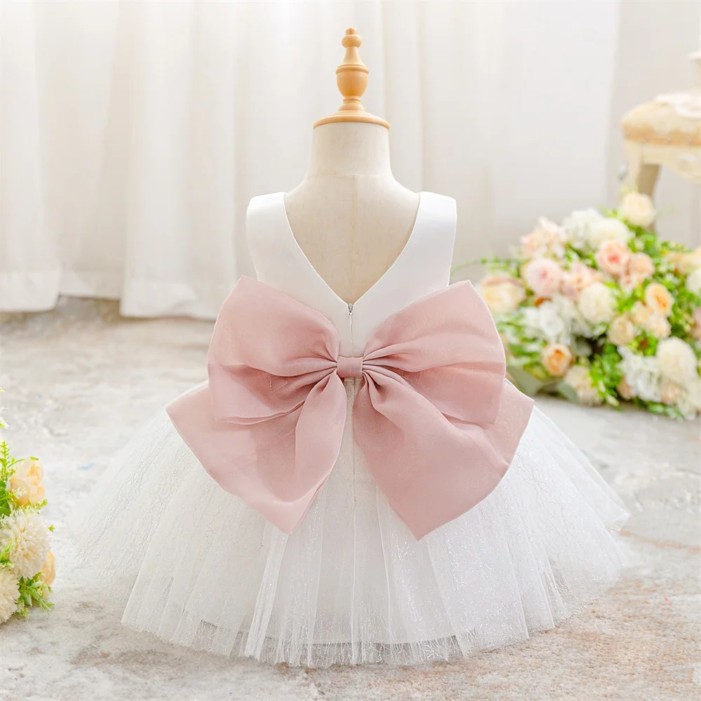 Baby Mädchen Schleife Mesh Patchwork Ballkleid Kleidung Säugling Geburtstagskleid Kleinkind Prinzessin Party Taufkleid