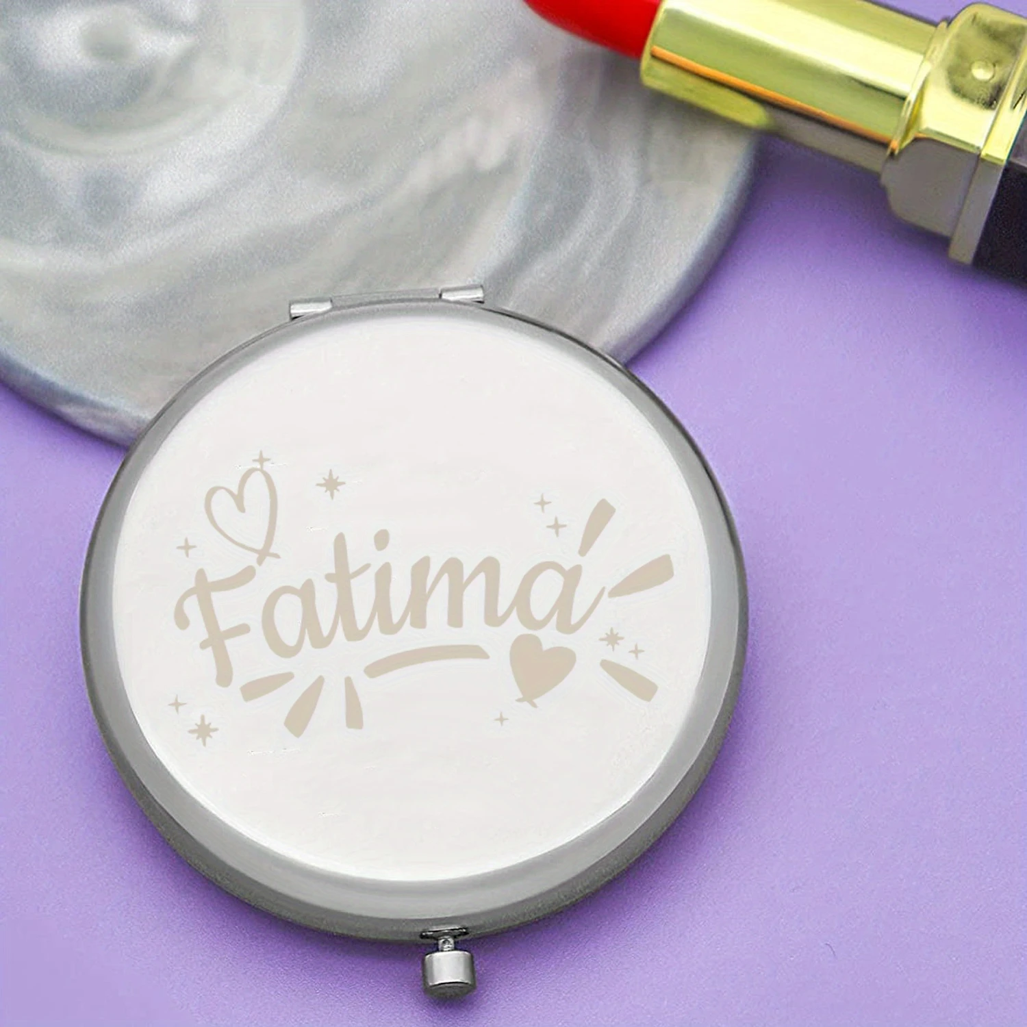 Custom Name Pocket Makeup Mirror with Heart & Stars, Portable Compact Cosmetic Mirror for Graduation and Birthday Gifts