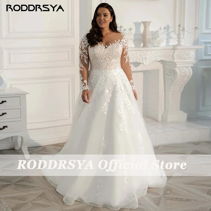 Vestido de novia de mayor tamaño roddsya elegante vestido de novia de encajeRODDRSYA-vestido de Novia de encaje de manga larga, elegante vestido de novia de talla grande, apliques de tul, tren de barrido, línea A, 2023