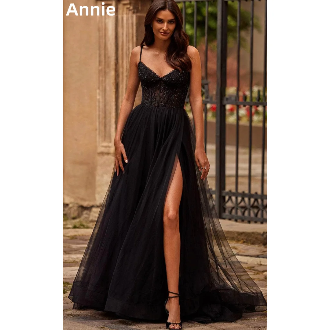 

Annie Glitter Lace Beads Prom Dresses Spaghetti Strap Black Evening Dresses Tulle Side Slits Party Dresses فساتين سهرة