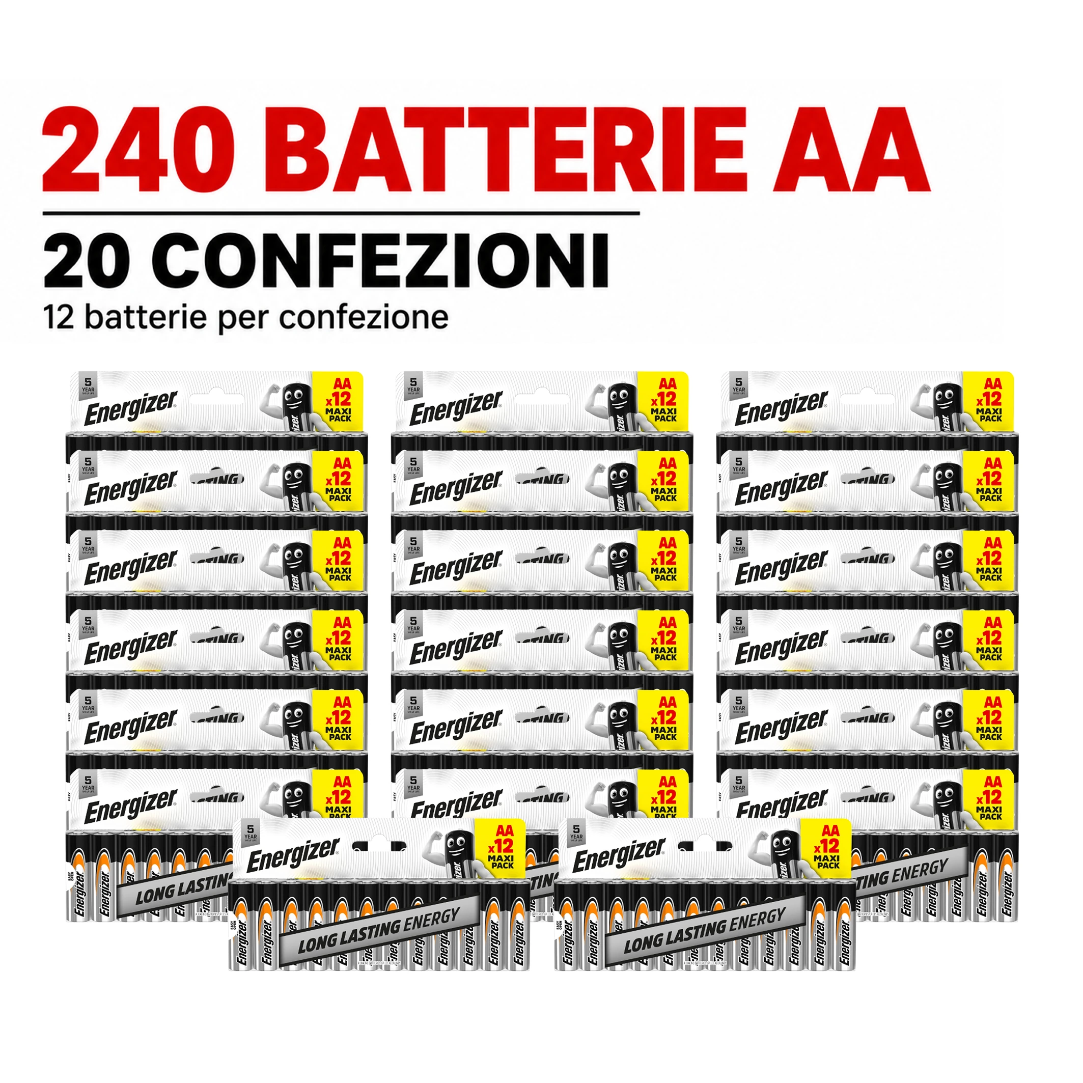 Confezione da 2, 3, 10 o 20 blister Energizer AA Stilo BL12, ogni blister contiene 12 batterie, scelta da 24, 36, 120 o 240 pile totali