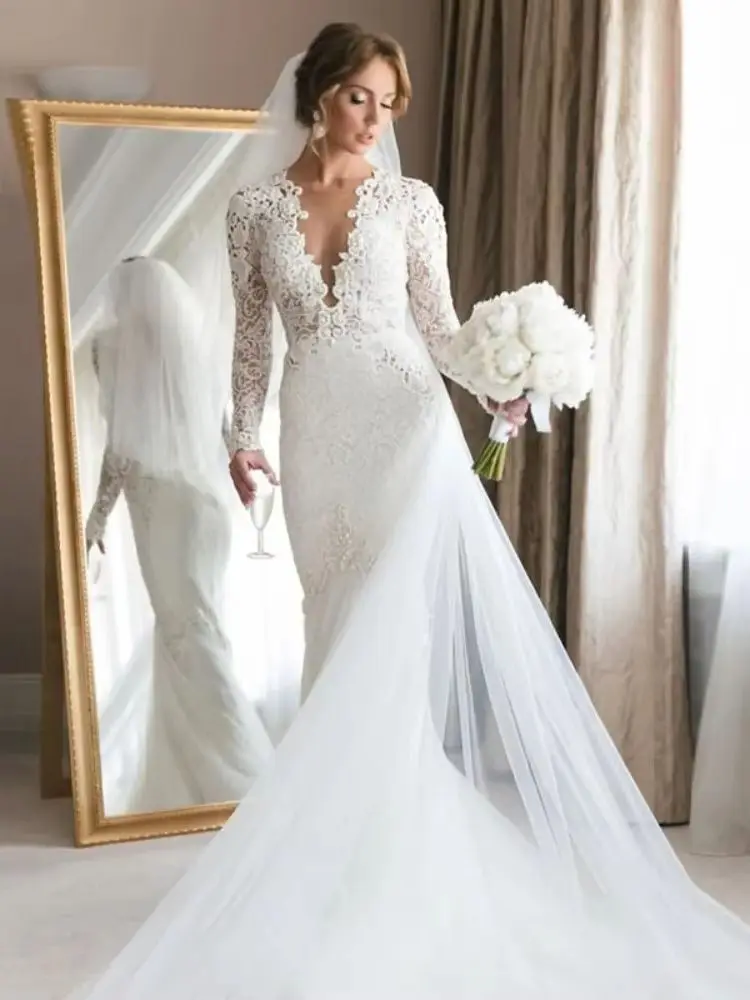 Sexy Sheer Deep V-neck Mermaid Wedding Dresses Appliques Long Sleeves Floor Length Arabic Bridal Gown Boho vestido de novia