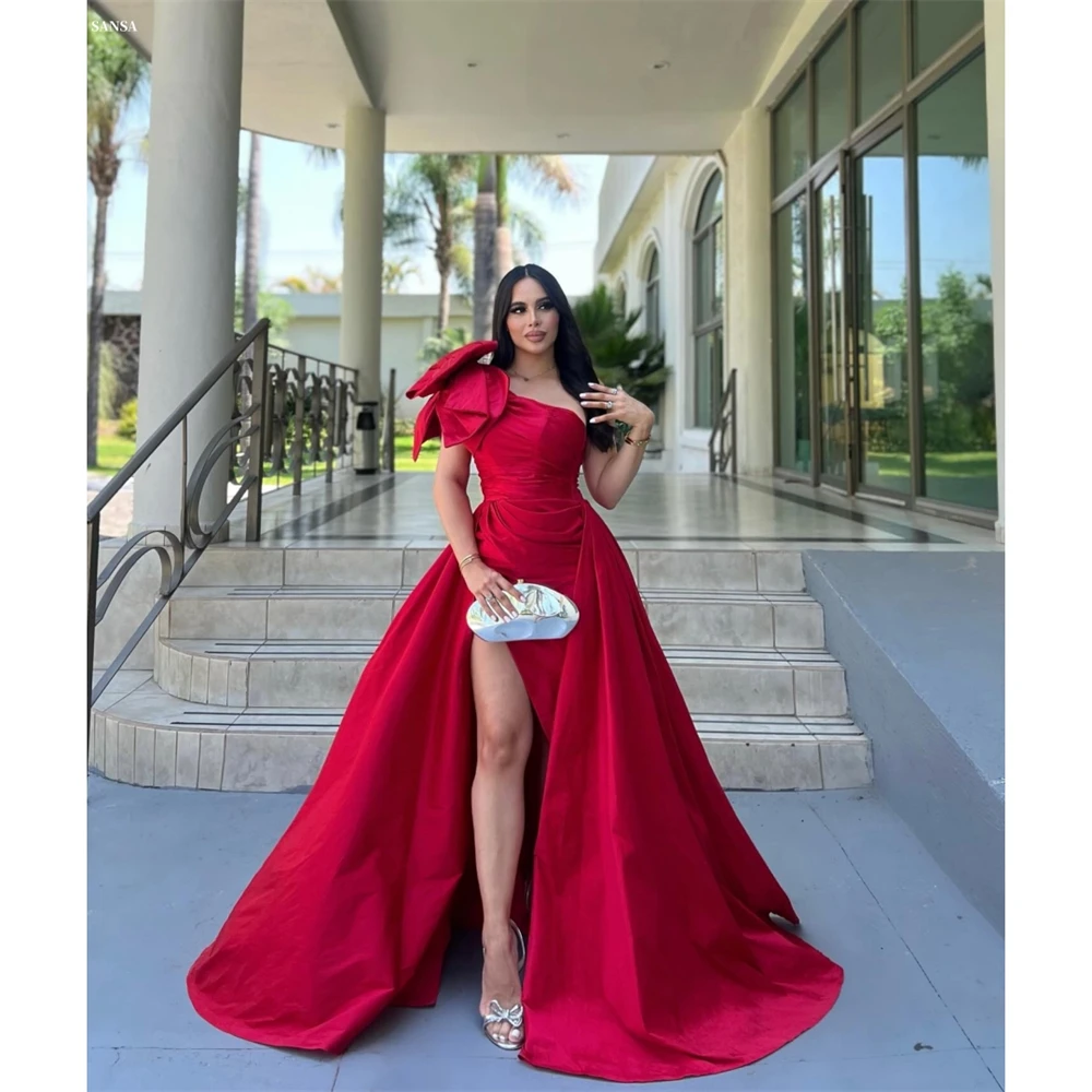 Sansa Aangepaste Rode Strik A-lijn Plooien Zijsplit Corset Galajurken Mouwloos Vestidos De Noche Vloerlengte Formele avond