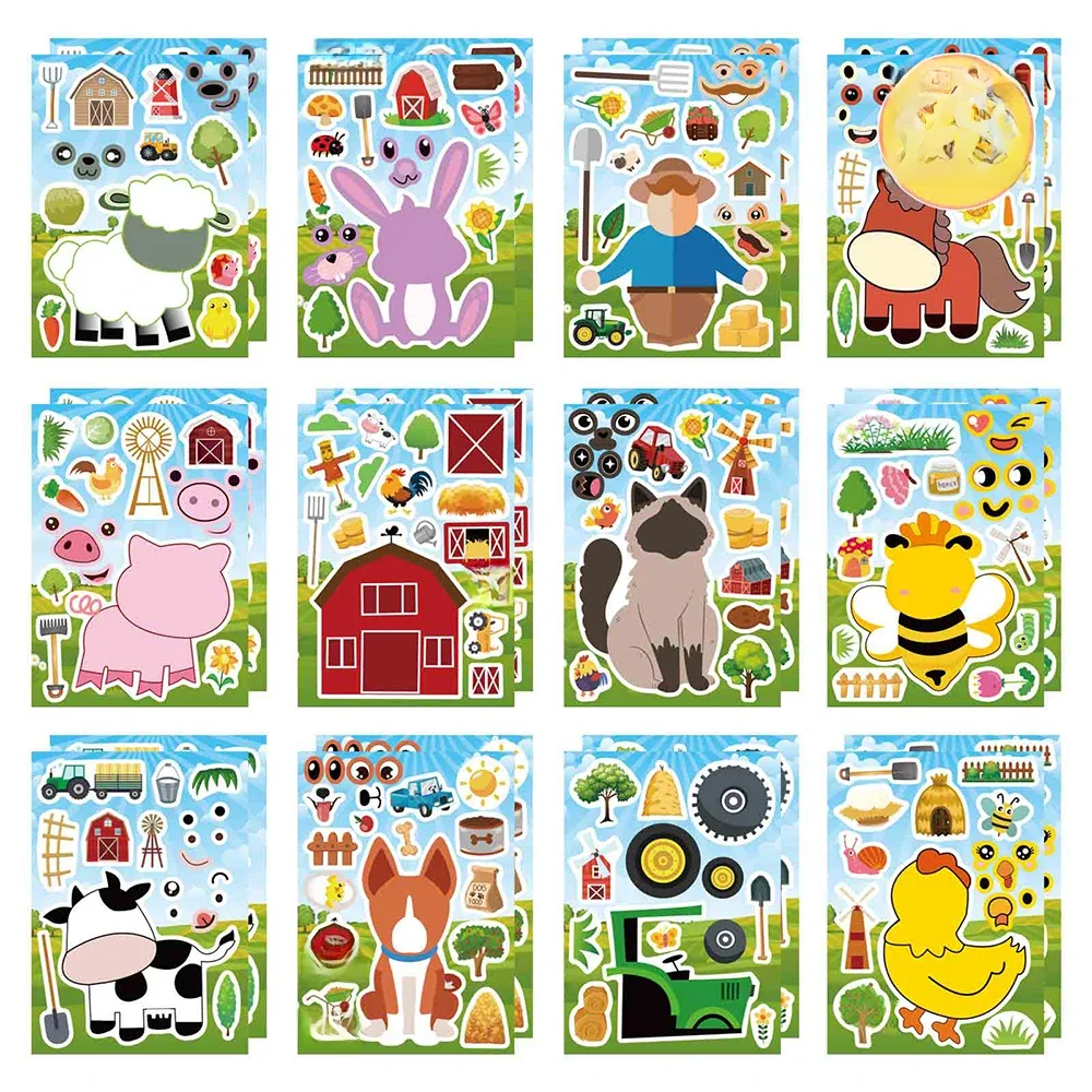6/12 arkuszy Dzieci tworzą twarz DIY Zwierzęta Puzzle Naklejki Stwórz własny kot Świnia Krowa Dzieci Montaż układanek Zabawki Naklejki z nagrodami — zdjęcie 2