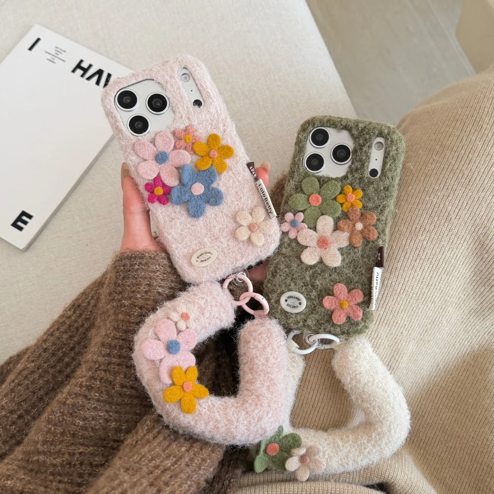 

Fashionable forest plush 3D flower phone case, for iPhone 13 14 15 16 17 ProMax, Fundans 17 Pro new shockproof protective case