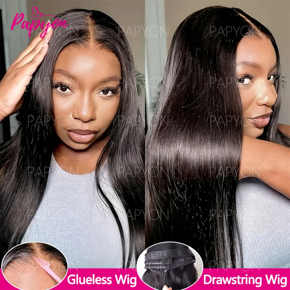 6x4 Perruque Cheveux Humain Sans Colle Perruque Lisse Pré-épilée Glueless Wigs Human Hair Drawstring Dentelle Frontale Perruque