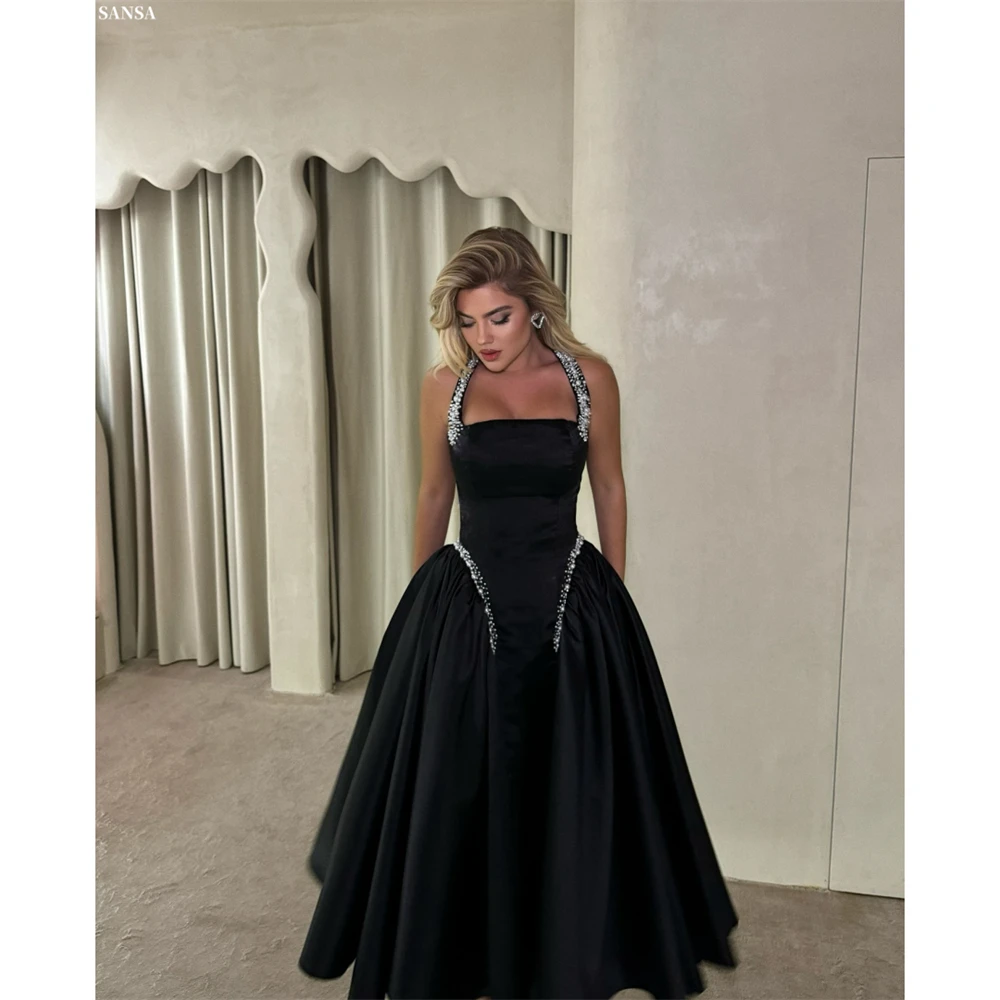 

Sansa Customized Black Pearls Sleeveless Boll Gown Prom Dress Halter Neck Pleats Vestidos De Noche Floor-Length Formal Evening