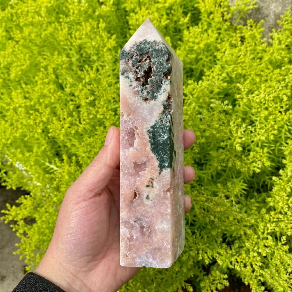 Natural Pink Amethyst Druzy Geode Tower Green Epidote Inclusion Crystal Point Healing Gift