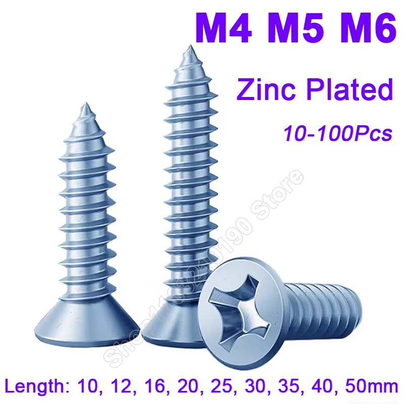 10-100Pcs M4 M5 M6 Zinc Plated Galvanized Cross Phillips Flat Countersunk Head Self-tapping Small Screw Wood Use Length 10-50mm