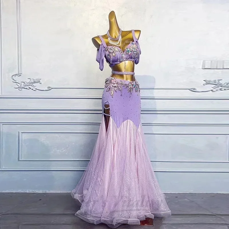 Kostium BellyDance dostosowany luksusowy biustonosz z dżetów + seksowna długa spódnica z rybim ogonem 2 szt. Orientalny strój do tańca brzucha — zdjęcie 2