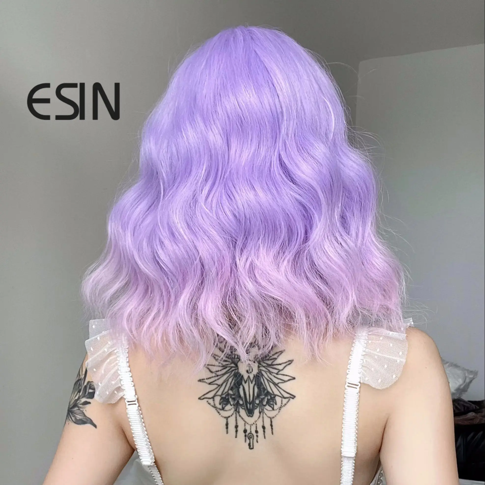 ESIN Synthetic Purple Wavy Bob Wigs Medium Gradient Long Loose Body Wave Wig with Bangs Cosplay Daily Natural Wigs for Women